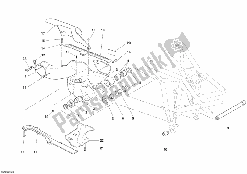 All parts for the Swing Arm of the Ducati Multistrada 1100 USA 2008